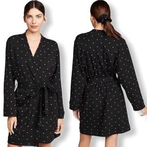 Revolve Plush Black Fleece Lined Robe Heart Print Size Small New‎